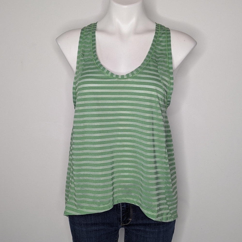 Zyia Green Striped Sheer Split Back Drop Neck Tank Top L